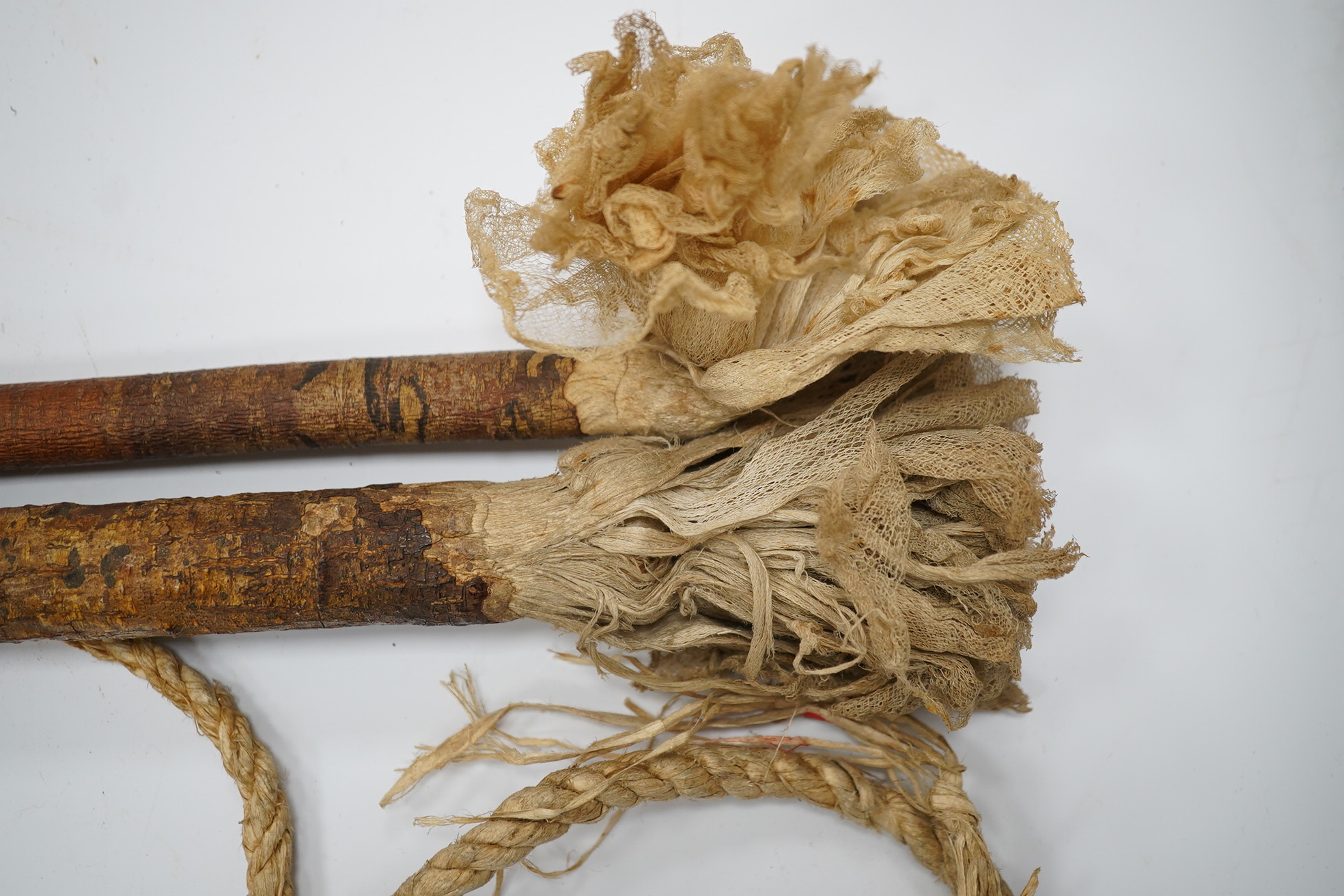 A section of a vellum family tree, converted into a bag, Together with an oak tripod, two whips, a Balanese Kris with lion man grip, a hunting dagger with horn grips, a small knife, etc. Condition - poor to fair